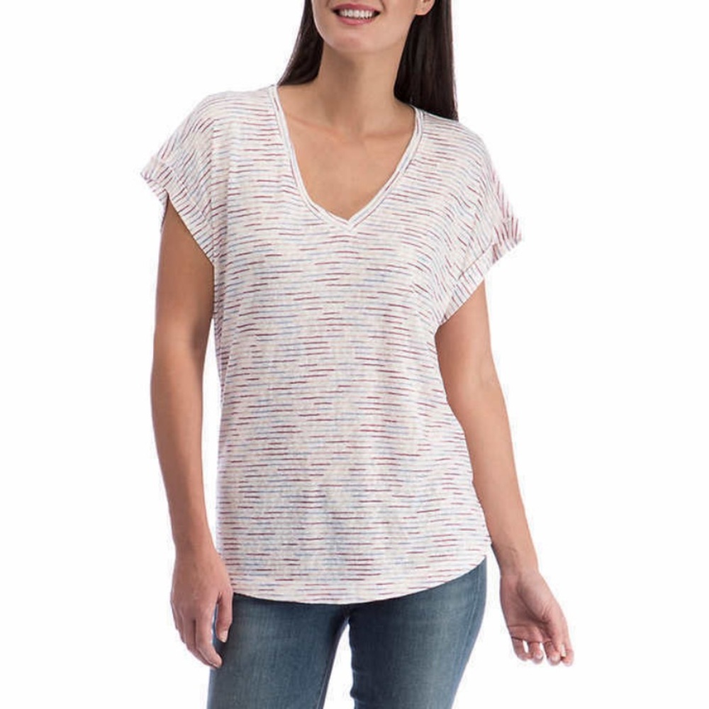 Bobeau Slub V-Neck Tee in Mulberry Stripe Small